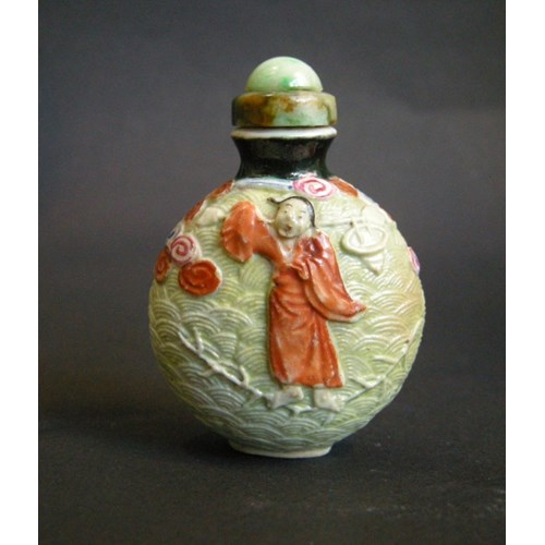 Rare porcelain snuff bottle molded  probably immortal He Xiangu